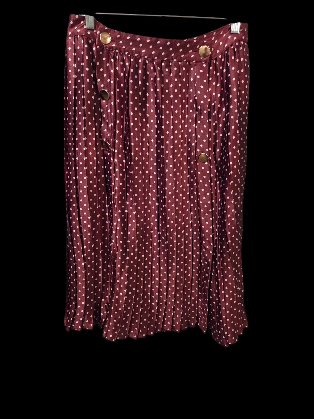 NWT Zara Burgundy Polka Dot Pleated Midi Skirt with Gold Buttons Large